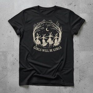 Girls Will Be Girls Witch Graphic T-Shirt – Boho Feminist Moon Tee